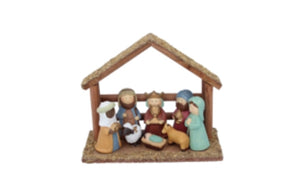 Ceramic Kids Nativity with Wood House (Pack of 9)