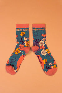 Bamboo Mix Ladies Ankle Socks - Floral Teal