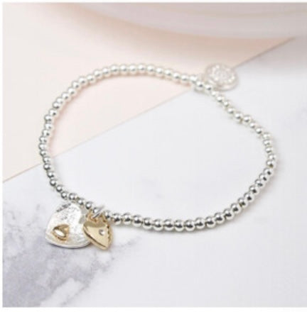 Double Heart Silver & Gold Plate Bead Bracelet