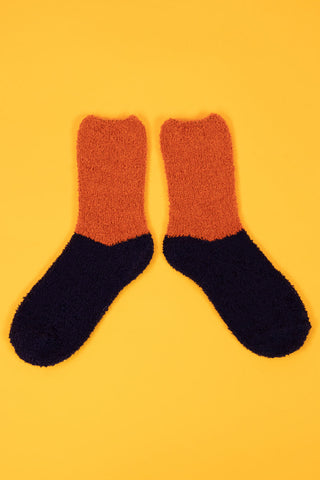 Fluffy Slipper Socks - Tangerine/Navy
