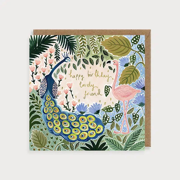 Happy Birthday Lovely Friend - Peacock & Flamingo