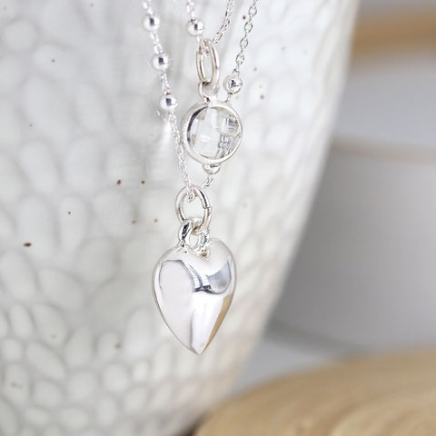 Silver Plated Layered Crystal And Puffed Heart Necklace