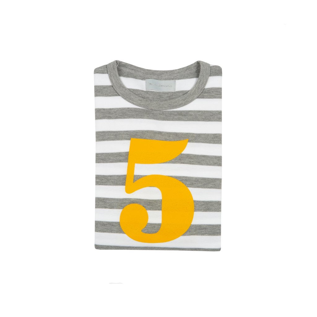 Striped Number T Shirt - Grey Marl & White (Mustard) 5-6 Years