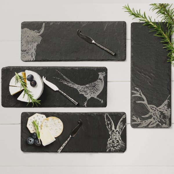 Etched Mini Slate Cheese Boards & Knives - Country Animals