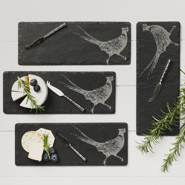 Etched Mini Slate Cheese Boards & Knives - Pheasant