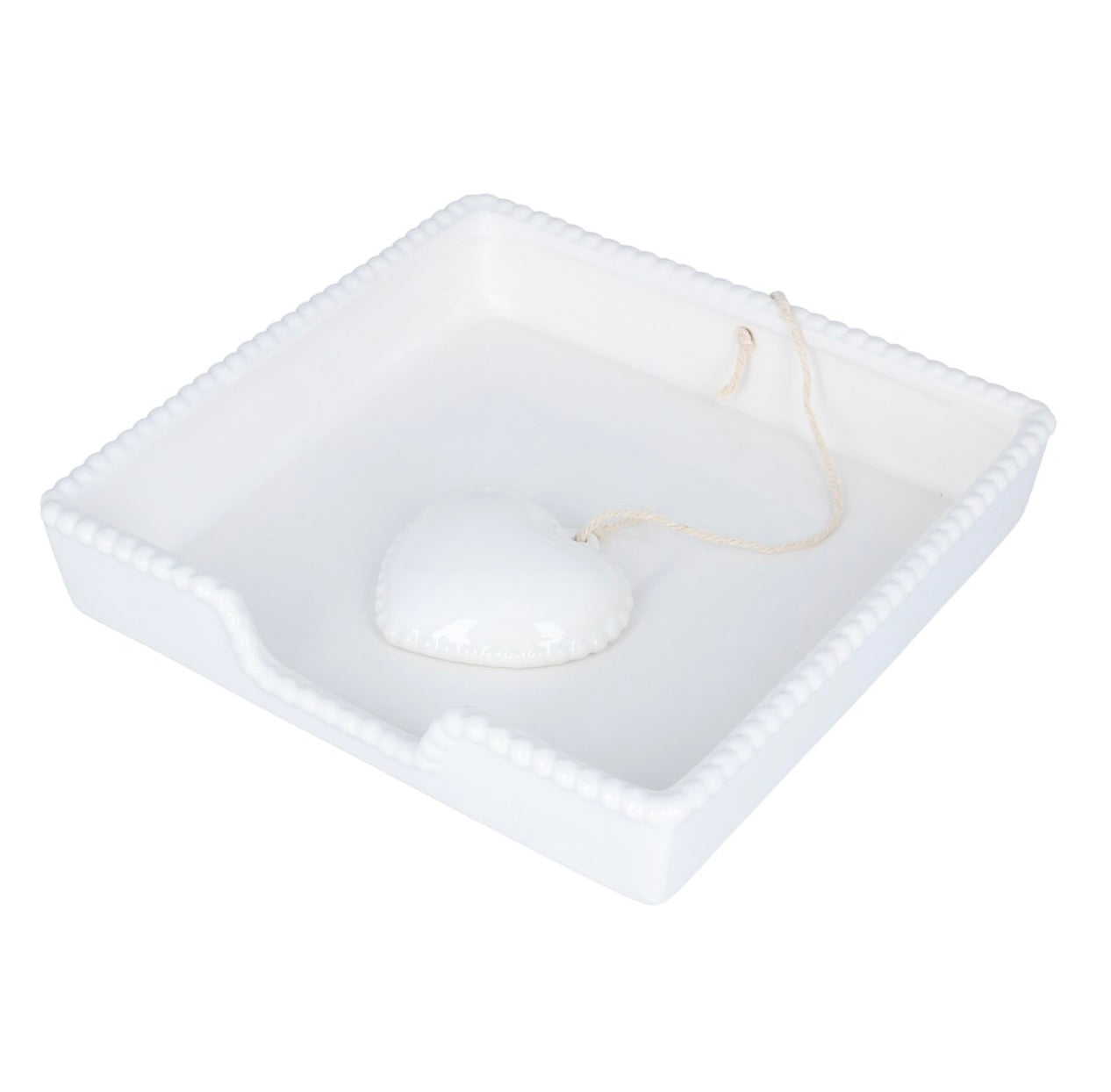 White Ceramic Decorative Beaded Heart Napkin Holder
