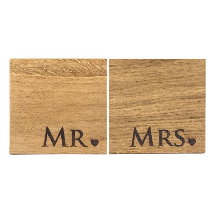 Set Of 2 Oak Coasters- Mr & Mrs