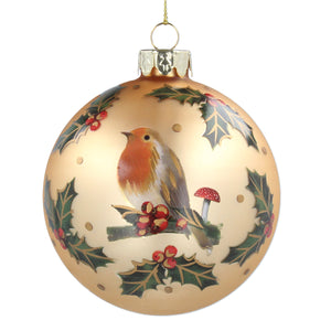 Matte Glass Gold Bauble with Robin Tree Decoration