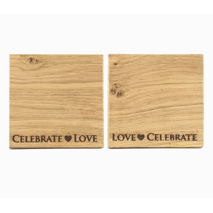 Set Of 2 Oak Coasters- Love & Celebrate