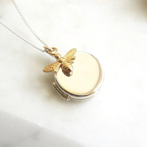 Sterling Silver Small Round Locket with Gold Vermeil Bee Charm