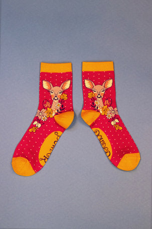 Bamboo Mix Ladies Ankle Socks - Floral Deer Fuchsia