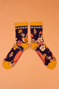 Bamboo Mix Ladies Ankle Socks - Floral Navy