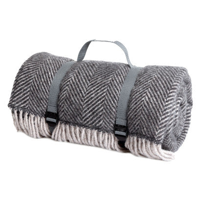 Picnic Blanket with Webbing Strap - Charcoal Herringbone
