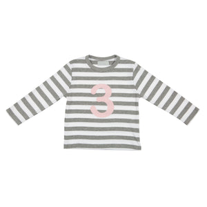 Striped Number T Shirt - Grey Marl & White (Pink) 3-4 Years