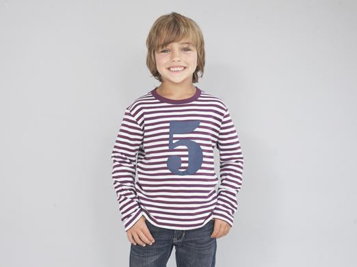 Striped Number T Shirt - Plum & Dove Grey 5-6 Years