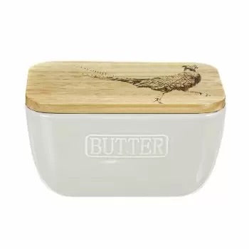 Oak & White Ceramic Butter Dish - Pheasant