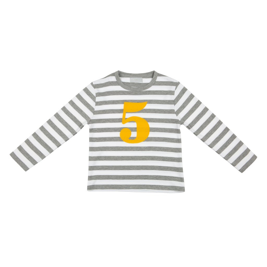 Striped Number T Shirt - Grey Marl & White (Mustard) 5-6 Years
